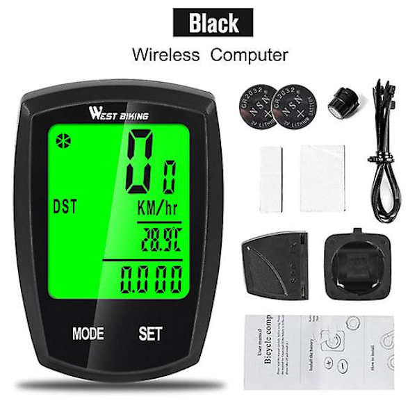 Trådløs cykel speedometer vandtæt trådløs cykelcomputer cykel speedometer med LCD-display og multifunktion sort