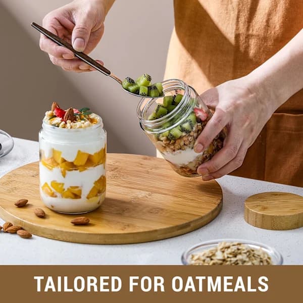 4-pack 16 oz burkar för \"Overnight Oats\" i glas med bambulock för yoghurt, snacks och sallad