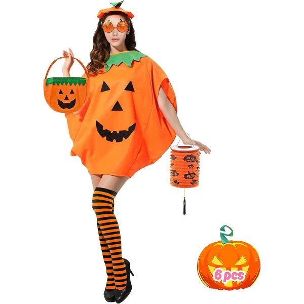 Dräkt Vuxna Halloween Pumpa Vuxna Finklänning Med Pumpastrumpor, Glasögon, Handväska För Kvinnor Halloween Dräkt Pumpa Vuxna Pumpa Outfit Fo