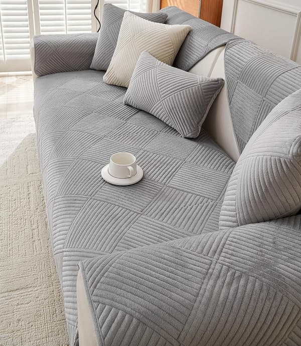 Vaskbart fløyels sofatrekk for seksjonssofa, 3-seters og L-formet sofa, sklisikker møbelbeskytter for kjæledyr, lys grå 91x160 cm