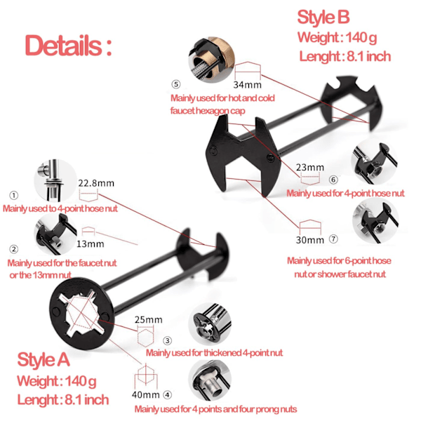 2 kpl monitoiminen allasavain, allasavain, hanan kiristysavain työkalu 7 kokoa universaali allas putkimiehen avain keittiöön