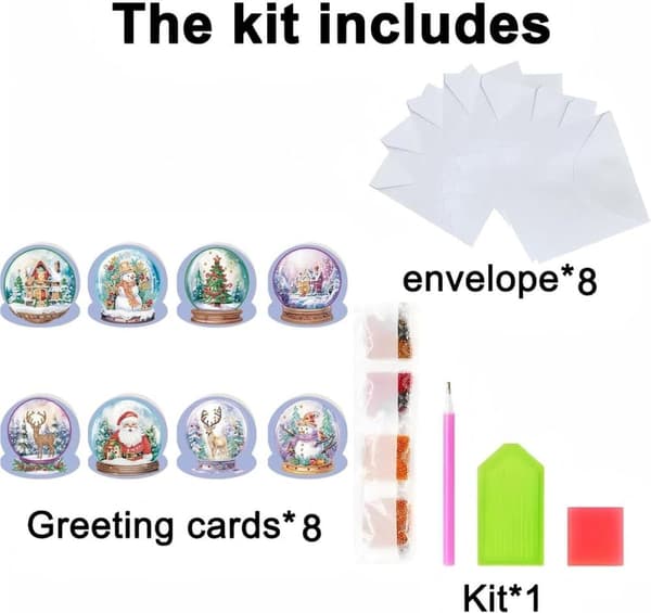 DIY Diamantmaling Julekort - Sett med 8 Stk - 5D Perlemontering inkl. Konvolutter