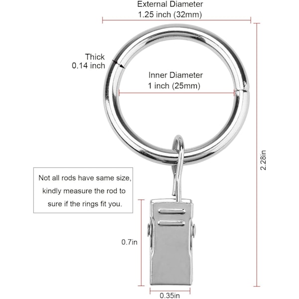 Gardinklämmor i järnmetall, 1 tum innerdiameter, set om 20  Klassiska gardinklämmor för att hänga dina gardiner