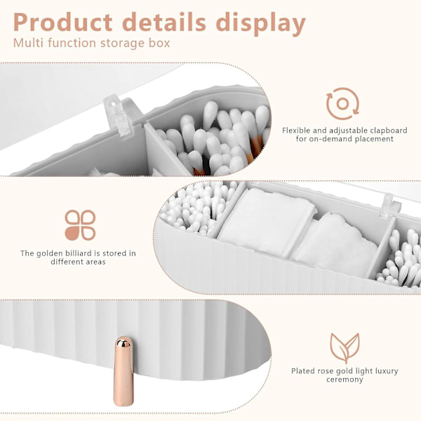 Makeup Organiser Opbevaringsbeholdere, ABS Holder, 3 Rum Badeværelse Organiser Skønhed Makeup Opbevaringsarrangør til Bomuldspuder, Vatpind, Hvid