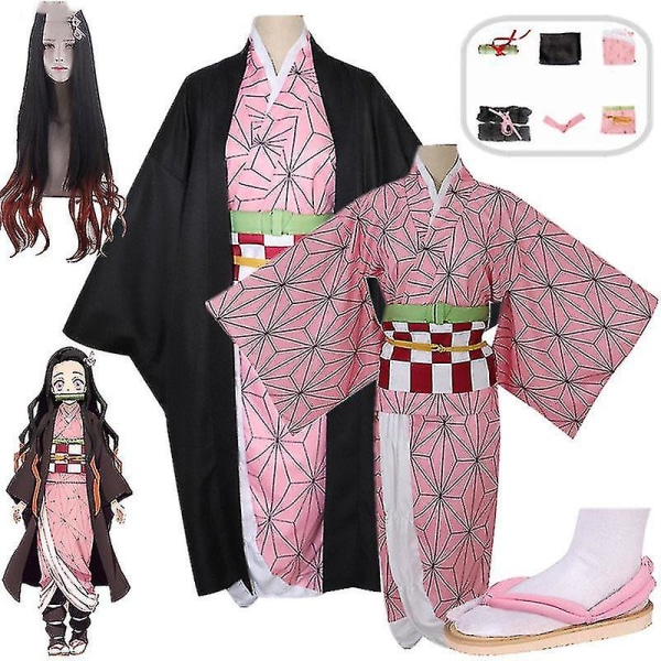 Demon Slayer Kamado Nezuko Deluxe Cosplay Cosplay Kimono Outfit För Vuxna Anime Klänning För Halloween Fest H XL Outfits with Wig