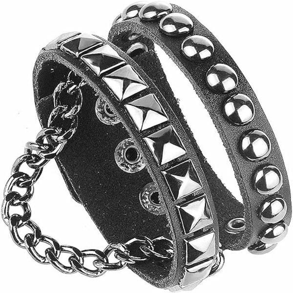 Nitte Armbånd Multilayer Sort Læder Manschet Hjerteformet Charm Armbånd Nitte Kæde Håndled Punk Sport Rock Armbånd Justerbar 17+cm