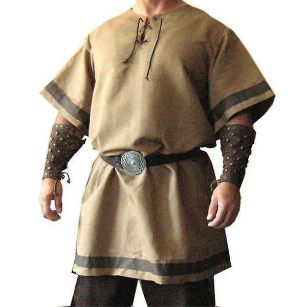 Medeltida dräkt för män Halloweenfest Renässanstunika Viking Knight Pirat Vintage Retro Warrior Larp skjortor Plus Size H M Khaki