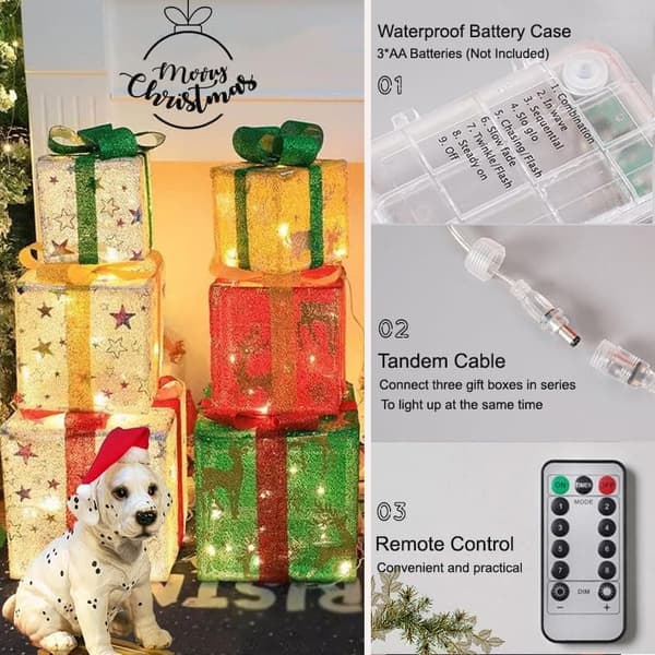 Julklappsaskar med belysta presenter, set om 3, belysta presentaskar för juldekorationer (stjärna)