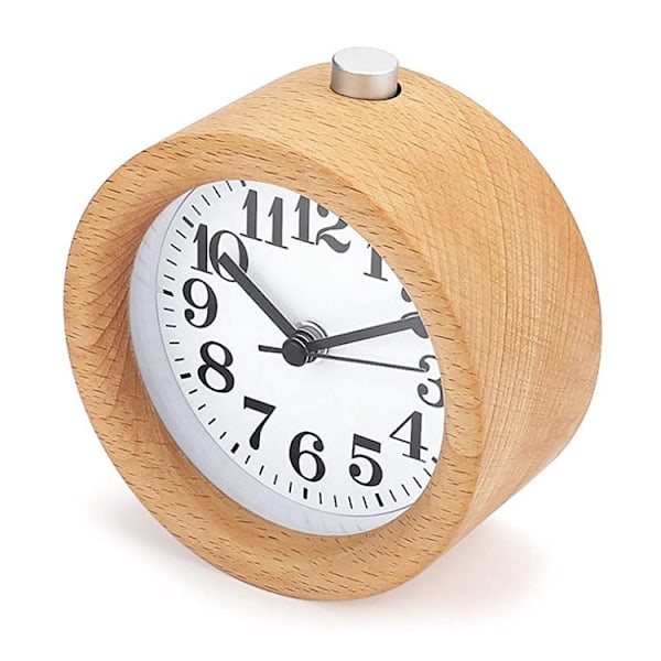 Handgjord rund väggklocka i trä, träväckarklocka, klassisk tyst väckarklocka för sängbordet, nattlampa, snooze liten väckarklocka