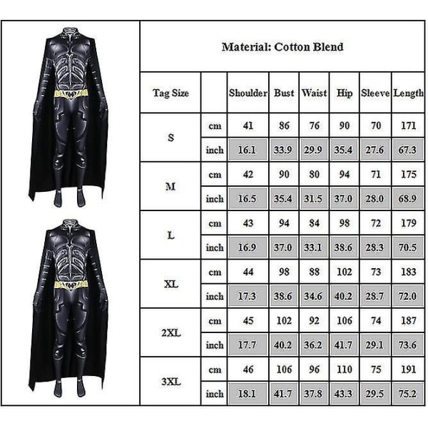 Batman Cosplay Festdräkt för vuxna, Dark Knight Jumpsuit Kappa Halloween rollspelsoutfit XL