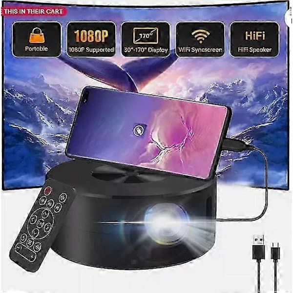 4K Mini Projektor 8000 Lumen LED 1080P WiFi Bærbar Hjemmebiograf til Android iOS Børnespil Sort