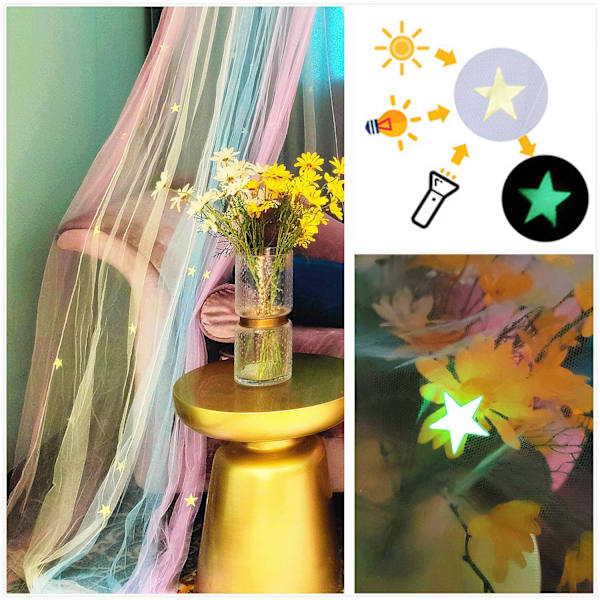 Senghimmel med lys, senghimmel for jenter prinsesse med lysende stjerner, himmel seng gardiner for enkeltseng til king size seng