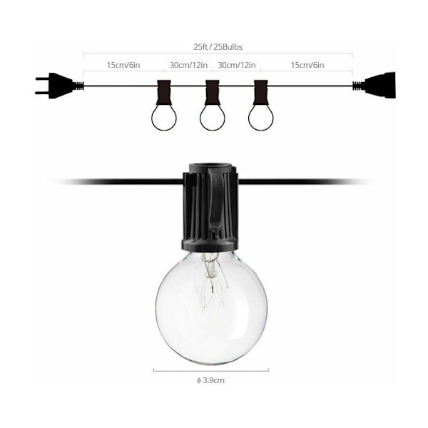 Edison Glödlampor Utomhus Ljusslinga, Tålig för Utomhusbruk, 7,62M HD Glasskärm Varmvitt Omkopplingsbar Dekorativ Belysning för Veranda, Trädgård,
