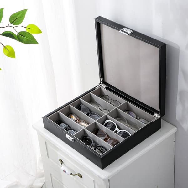 Glasögonorganisatör för 10 glasögon och solglasögon, PU-läder med mjukt velourfoder och lås, stor svart låda