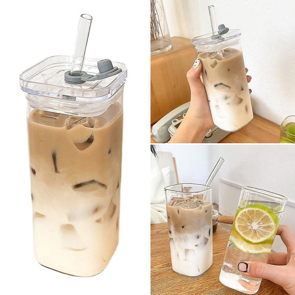 Square Heat Resistant Transparent Coffee Glass Mug Milk Tea Juice Glass Water Cup With Lid And Straw Coffee Cup Drink Mug