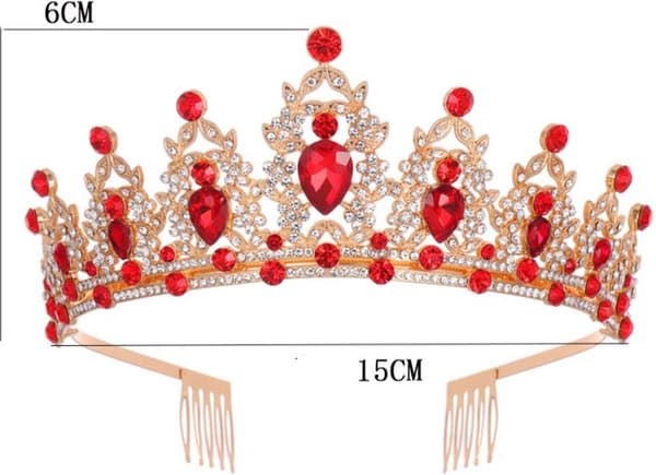 Rød Krystall Dronning Krone Gull Tiara med Kammer, 3A Rhinestone Brudehodeplagg for Kvinner Bryllup Bursdag Ballfest