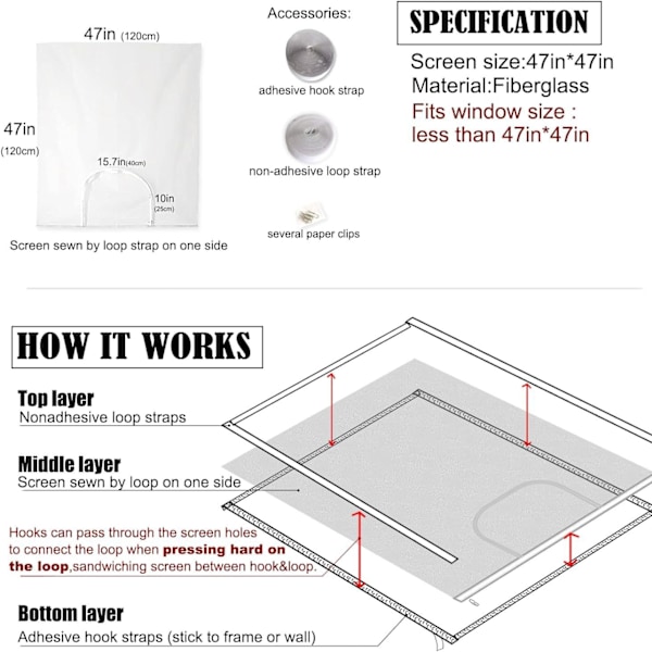 Säädettävä ikkunanäytön vaihtosetti DIY vetoketjulla, lasikuitu valkoinen 47 tuumaa x 47 tuumaa voidaan leikata sopii pienempiin