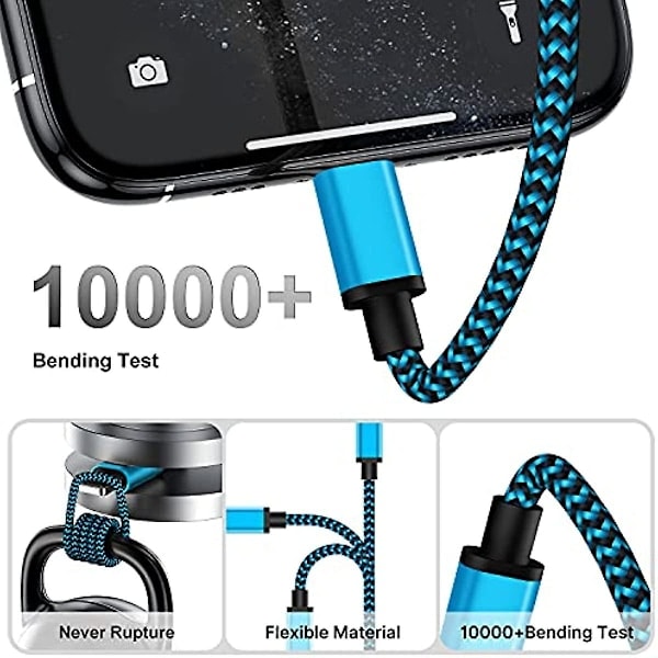 IPhone-latauskaapeli 2m 3 kpl Pitkä iPhone-latauskaapeli Värillinen punottu iPhone Lightning -kaapeli Nopea USB iPhone-latauskaapeli yhteensopiva