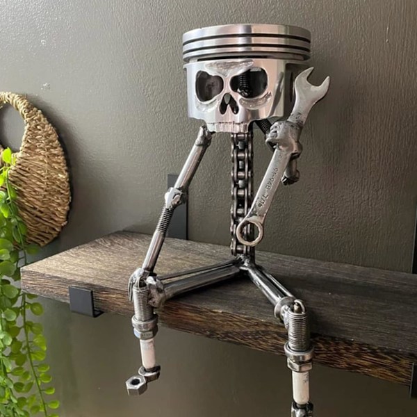 Snidad kolv dödskalle ansikte skulptur, handgjord snidning kolv dödskalle ansikte skulptur metall konst figurin, snidad skelett ansikte