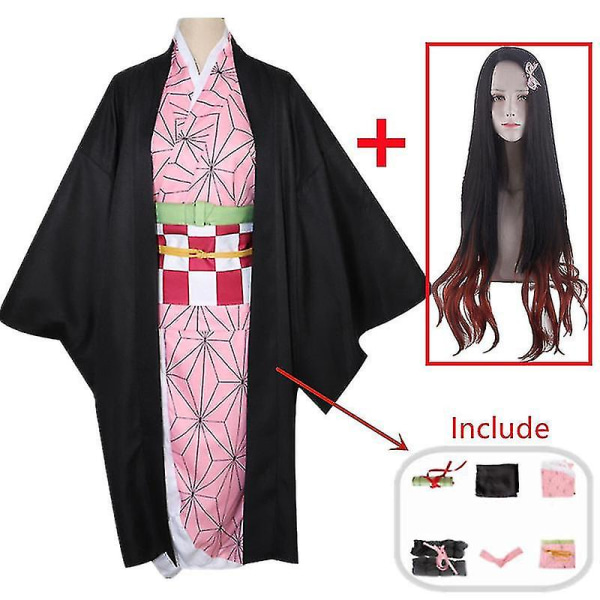 Demon Slayer Kamado Nezuko Cosplay Kostym Kimono Outfits Halloween Party Kvinnor Anime Rollspel Fancy Dress Set H 2XL Outfits with Wig
