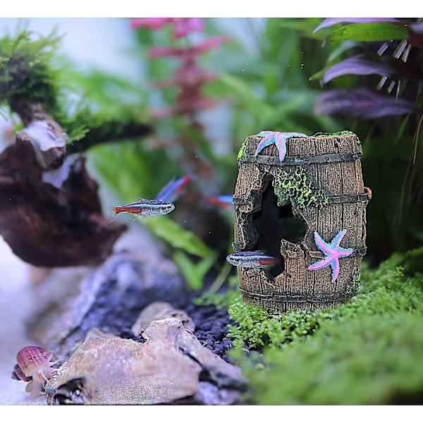 Fiskehuledekor til akvarium, dekor med ødelagt tønne til akvarium, for Betta-fisk som gjemmested i husly-stil 2