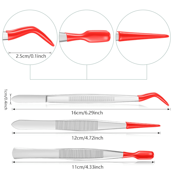 3 stk. Pincet med Gummipuder Pincet PVC-belagte Pincesæt, Gummistangspids Pincet Gummifladspids Pincet (Rød)