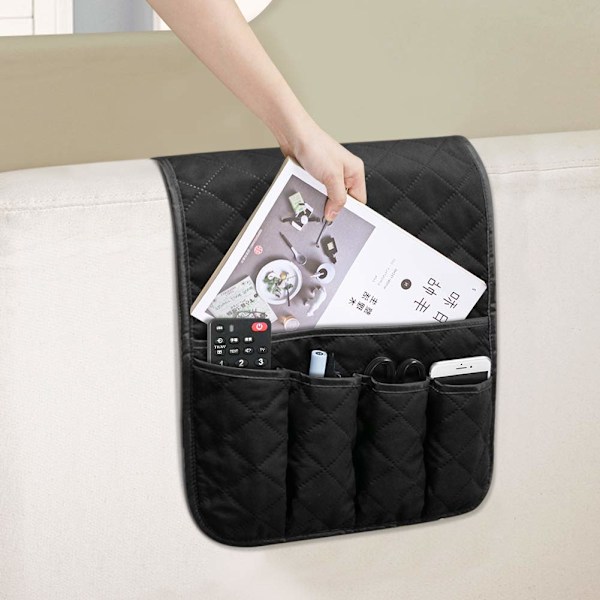 Sofa Armrest Organizer - Skridsikker Armlænsstol Sengeopbevaringsarrangør til Lænestol Sofa med 5 Lommer (SORT)