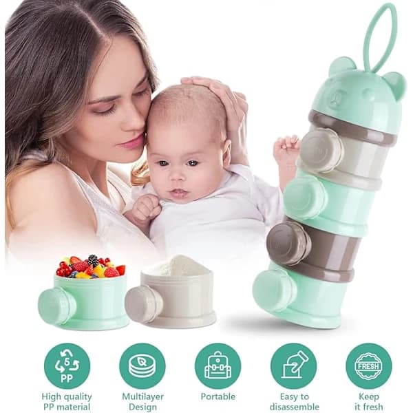 Bærbar formeldispenser med 4 rum, stabelbare PP-beholdere med hældetud til babysnacks og mælkepulver, mintgrøn