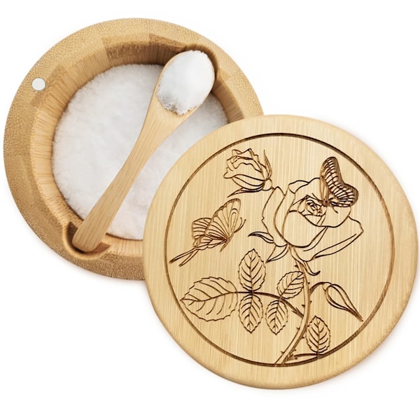 Bamboo Salt Cellar Box Container Bowl with Lid and Spoon Kitchen Spice Cellars Salt Holder Saver Jar with Swivel Magnetic Lid