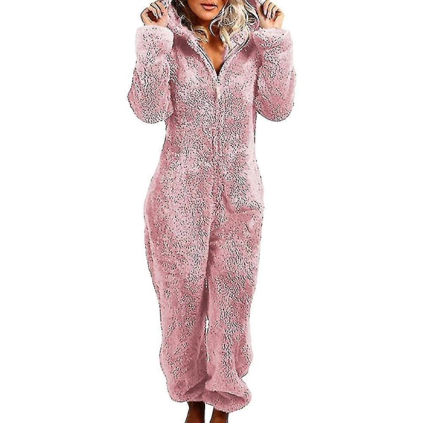 Dam Vinter Fluffy Fleece Hooded Allt i en Jumpsuit Pink S