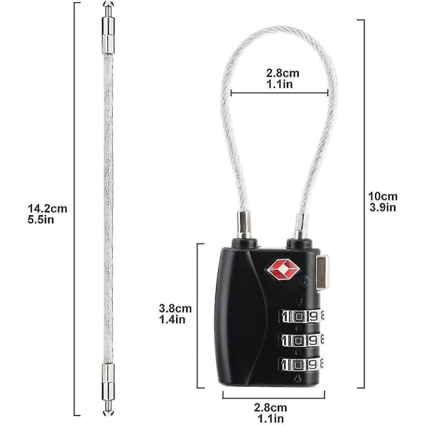 2-pak bagagelås, 3-cifret sikkerhedshænglås, kabellåse til bagage