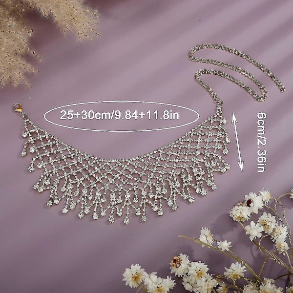 Bred Rhinestone Choker Boho Bib Halskje Kvinners Statement Krystall Choker Tassel Halskje Bryllup Brud (sølv)  Gull