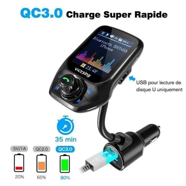 [RM] Bluetooth FM Transmitter, Car Adapter with QC3.0 Quick Charge, 1.8-inch Color LCD Screen & Automatic FM Tuning