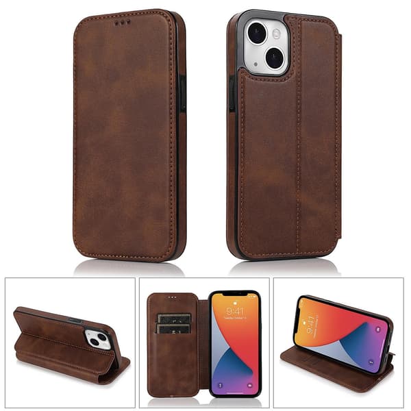 [RM] Compatible with iPhone 13 Mini Case Leather Wallet Flip Phone Case - Perfect Brown