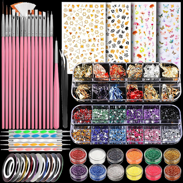 Nagelkonstset med nagelglitter, nagelkonstpenslar och nagelstickers Kompatibelt med gelnaglar, nageljuveler och nageltillbehör