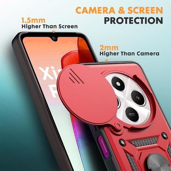 Skal till Xiaomi Redmi 14C med 2 skärmskydd i härdat glas, stöttåligt rött skal med kameraskydd