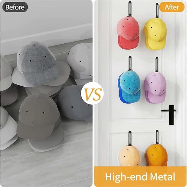 [RM]Hat Rack for Wall 6-Pack, Hat Hooks for Wall, Metal Baseball Hat Rack for Wall, Hat Storage for