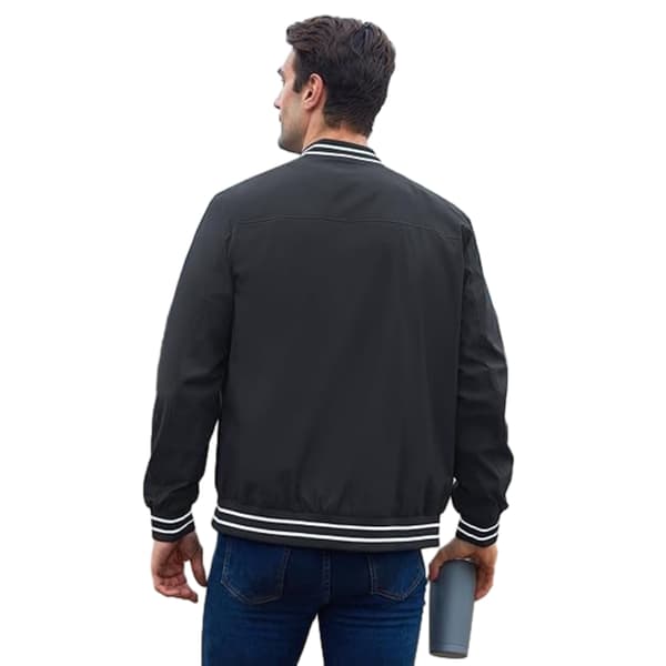 [RM] Men's Casual Stand-Up Collar Zip Jacket with Striped Pattern in Solid Color Black Black M