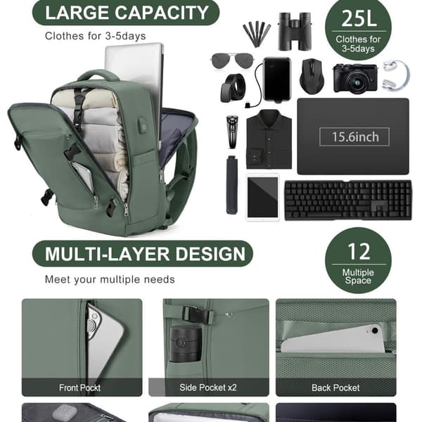 [RM]Flight Travel Backpack, Travel Backpack with Airbag, USB Interface, Waterproof Carry-on Bag - Green