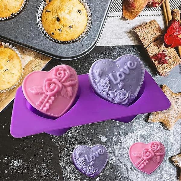 [RM] Hjerteformede såpeformer, silikonform med innebygd rose og teksten 'Love' 2pcs