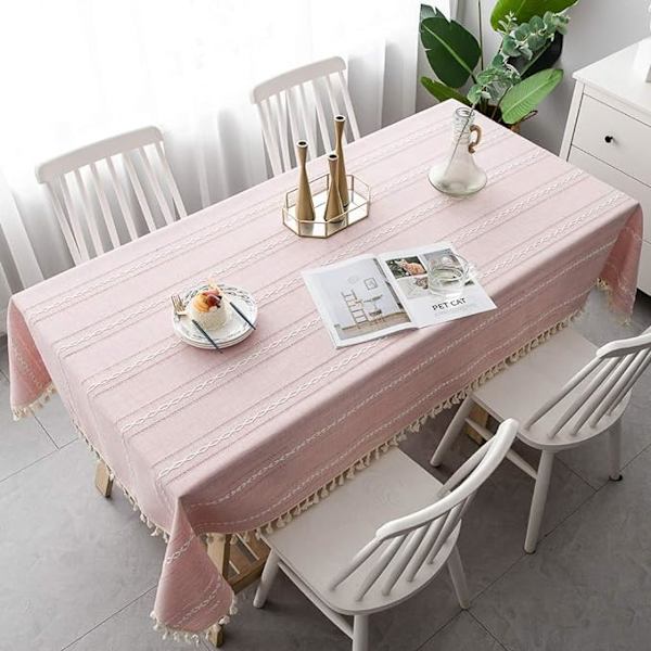 [RM]Rose - Rectangular Embroidered Fringed Tablecloth in Durable Linen