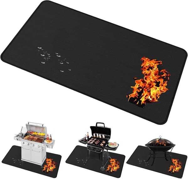 [RM] Grillmåtte 91 x 122 cm - Grillmåtte - Placer under din grill - Beskytter din terrasse eller græsplæne mod gløder og fedtstænk - Sort