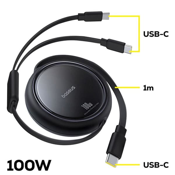 [RM]Retrakabel 2x USB-C 100W Hurtiglading og Dataoverføring Baseus Svart Sort