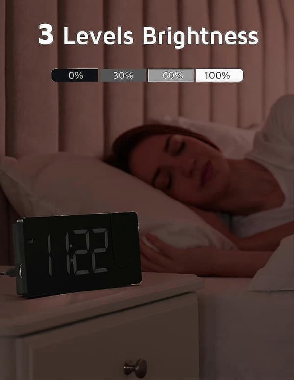 [RM]Projection Alarm Clock, Digital Clock with 180° Rotatable Projector, 3-Level Brightness Dimmer[HK] White Digit