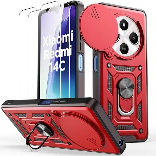 Skal till Xiaomi Redmi 14C med 2 skärmskydd i härdat glas, stöttåligt rött skal med kameraskydd
