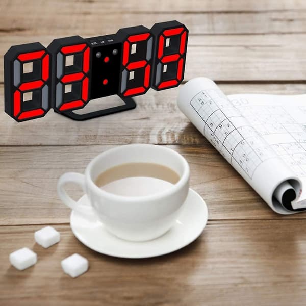 [RM]3D Digital Alarm Clock LED Wall Clock with 3 Adjustable Brightness Levels Snooze Dimmer Easy to Read