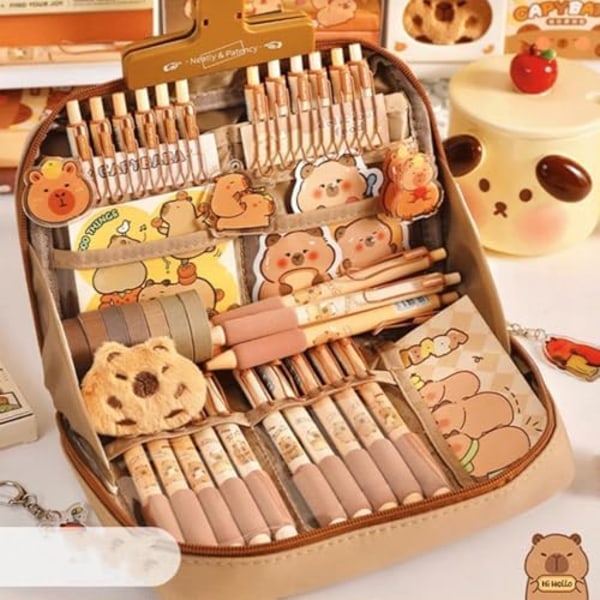 Capybara Pencil Case Set with Gel Pens/Stickers - Large Capacity for School/Kids - - -