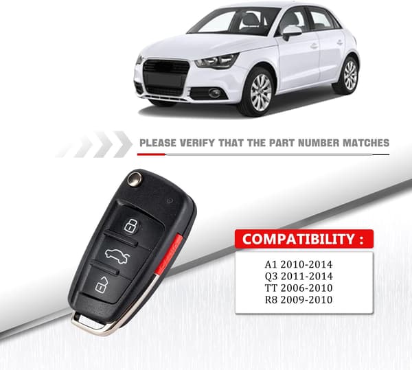 [RM] 4-Button Car Remote Key Replacement for Audi, Compatible with 2010-2014 A1, 2006-2010 TT, 2009-2010 R8 8X0837220D