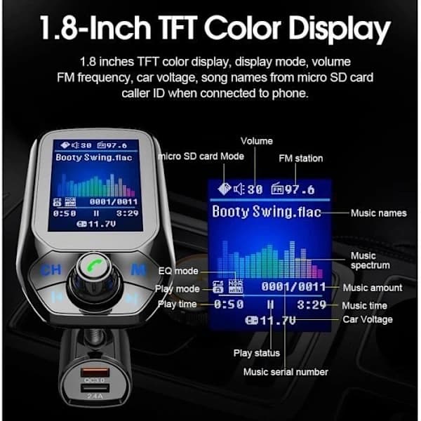 [RM] Bluetooth FM Transmitter, Car Adapter with QC3.0 Quick Charge, 1.8-inch Color LCD Screen & Automatic FM Tuning