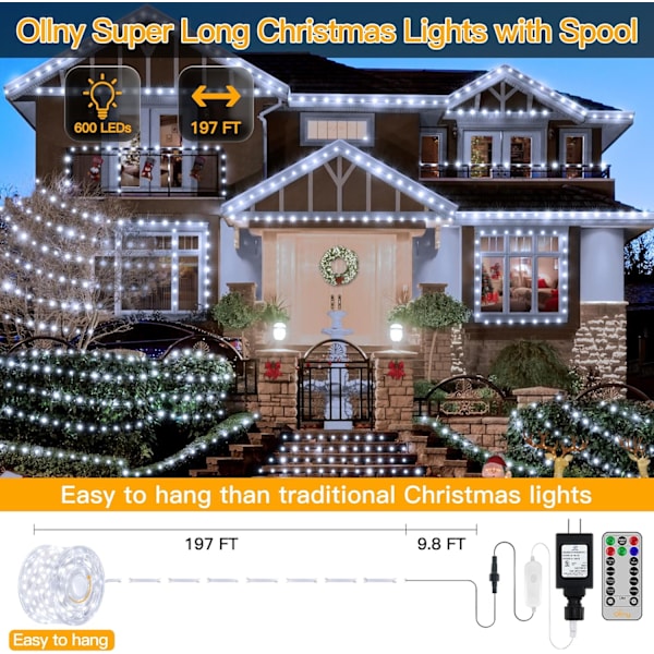 [RM]600 LED String Lights 60 Meter, Cool White String Lights IP67 Waterproof with Remote Control 8 Modes Timer Dimmable, Connect Christmas Lights for Outdoor Cold{FY}